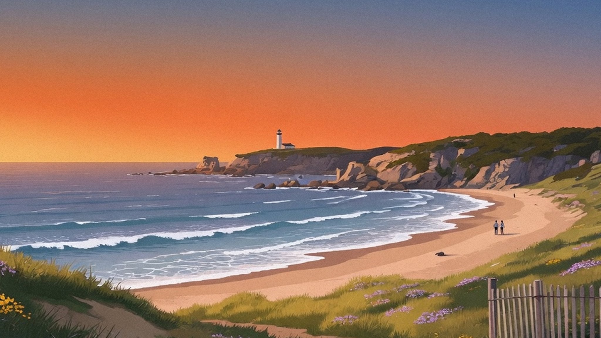 The lighthouse point at dusk: sunset over the bay from the same coast as the hero